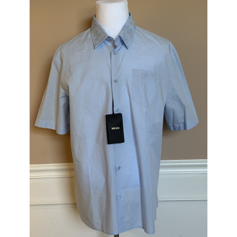 Versace Graphic Print Short Sleeve Shirt Blue 58 Euro (3XL-4XL) 1019157 NWT